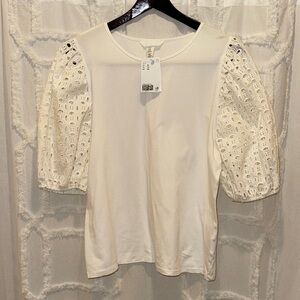 H&M Cream Blouse with Lace Puff Sleeves